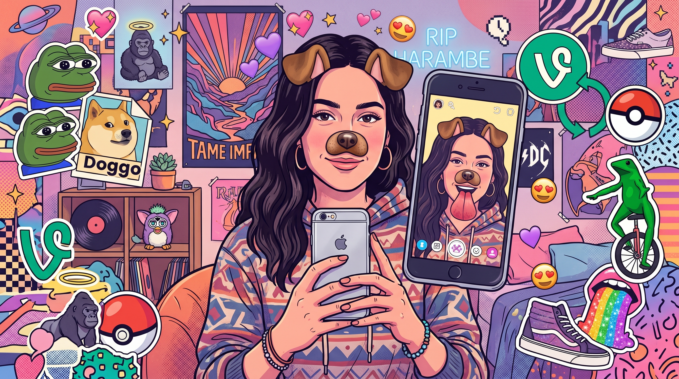 Retro ilustracja internetu 2016 z telefonem, filtrami social media i schludną estetyką editorial.
