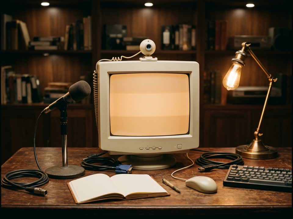 Nostalgiczne biurko twórcy z monitorem CRT, mikrofonem, kamerką i lampką.