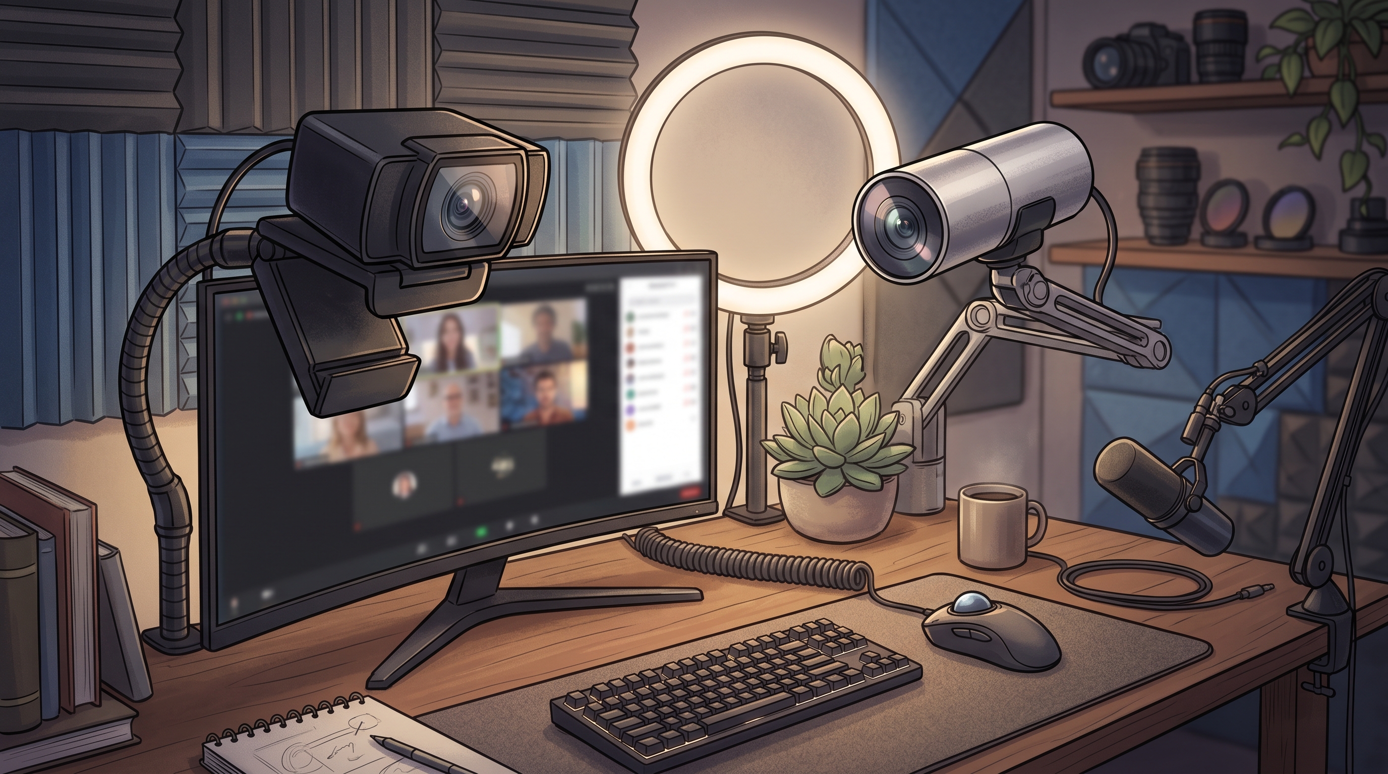 Ilustracja porównania dwóch kamer internetowych na stanowisku twórcy.