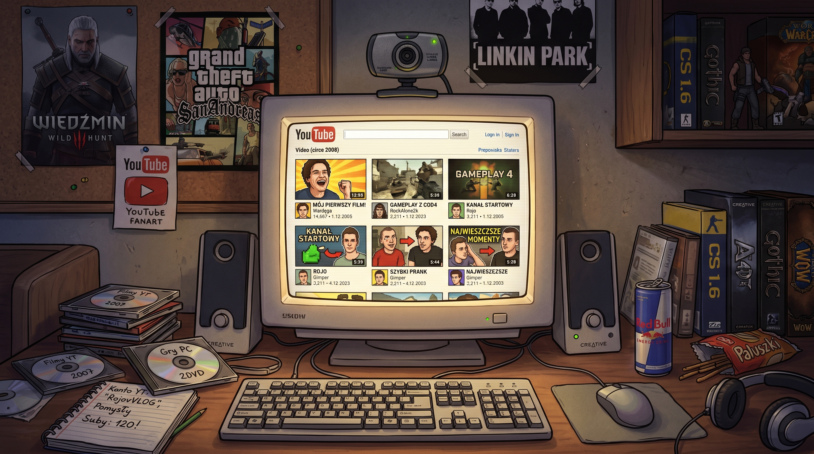 Ilustracja historii polskiego YouTube z monitorem CRT, kamerką i miniaturami wideo z lat 2006-2012.