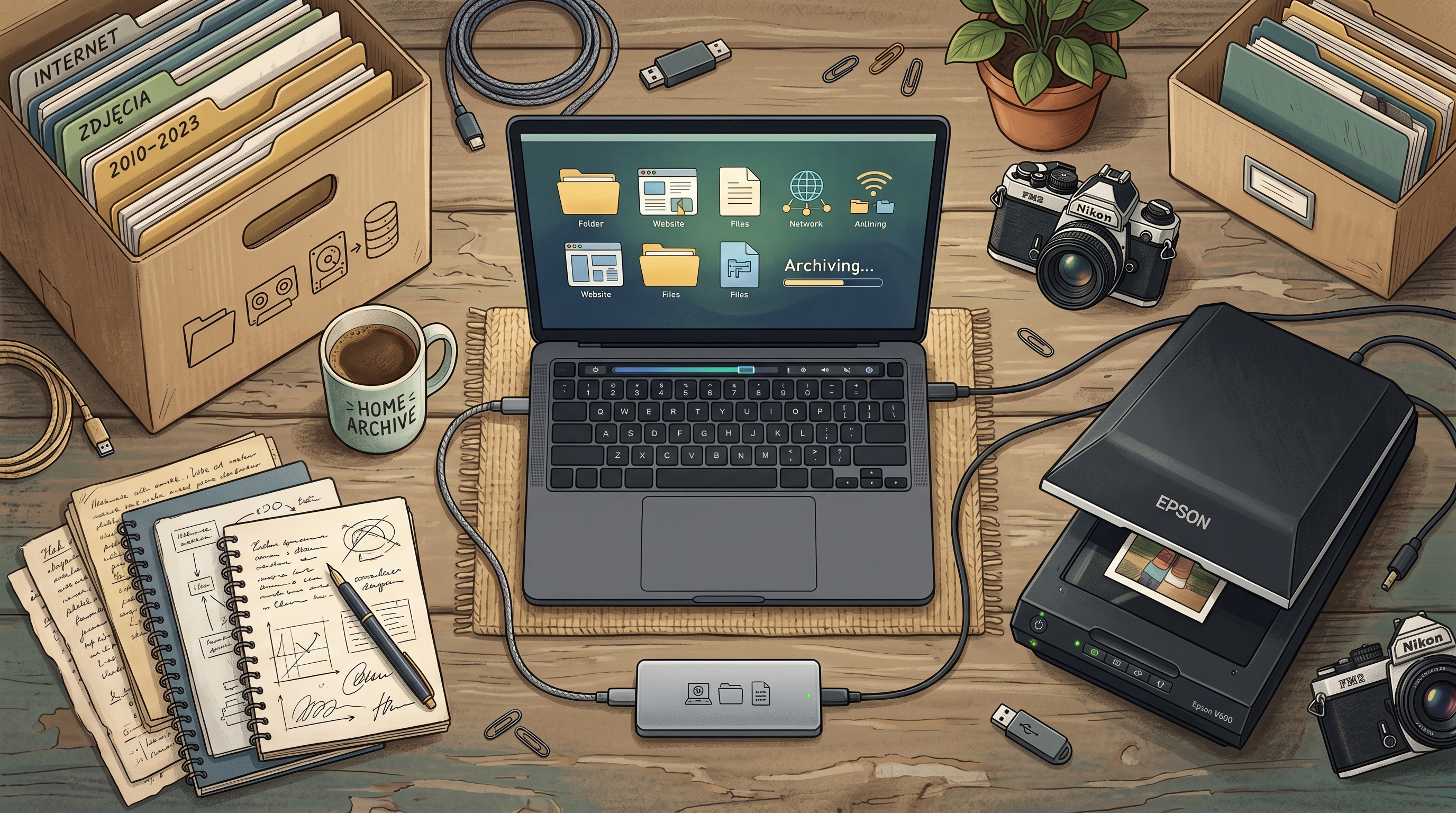 Flatlay domowej archiwizacji internetu ze skanerem, SSD, kartonami, notatkami i laptopem.