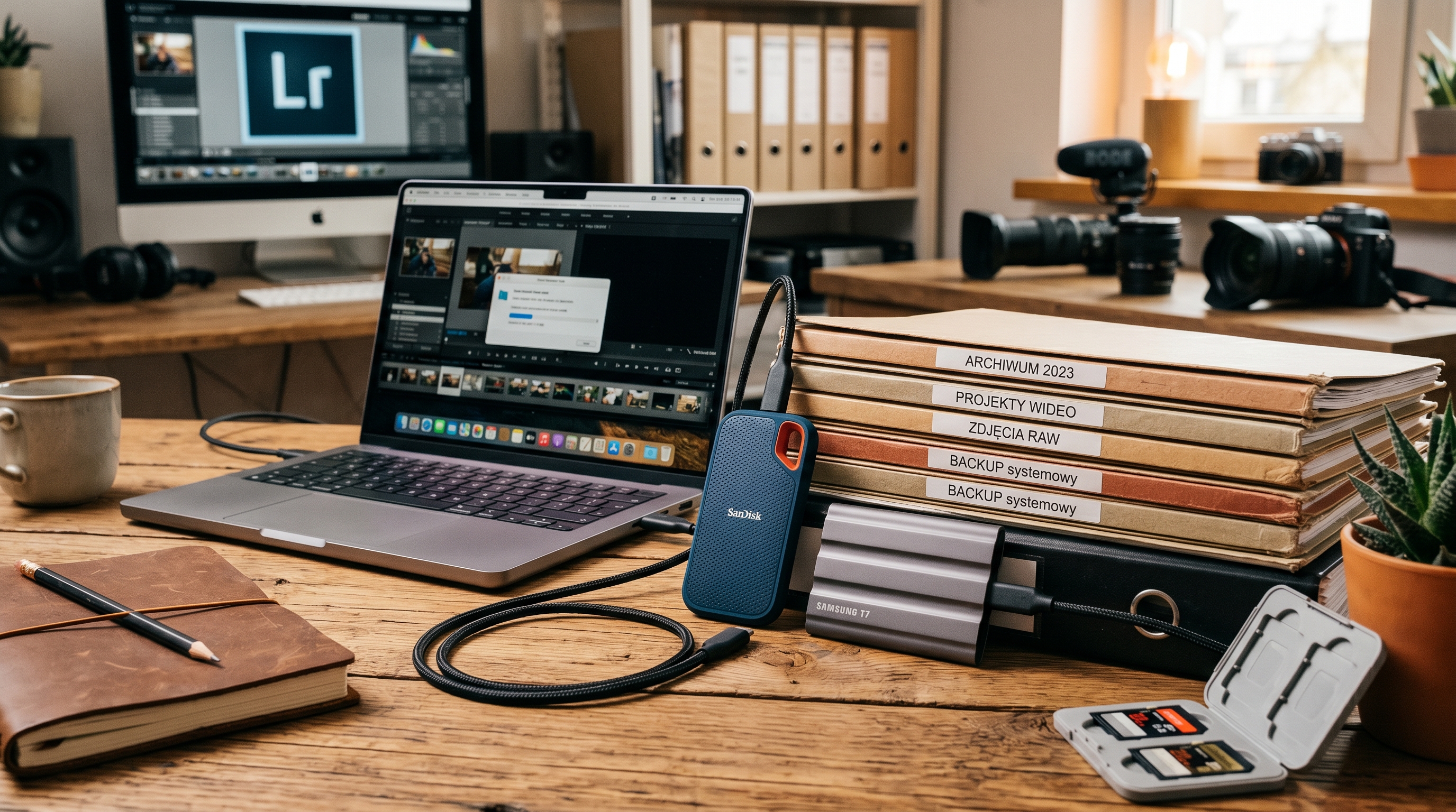 Ilustracja porównania dwóch zewnętrznych SSD obok folderów archiwum i kabla USB-C.